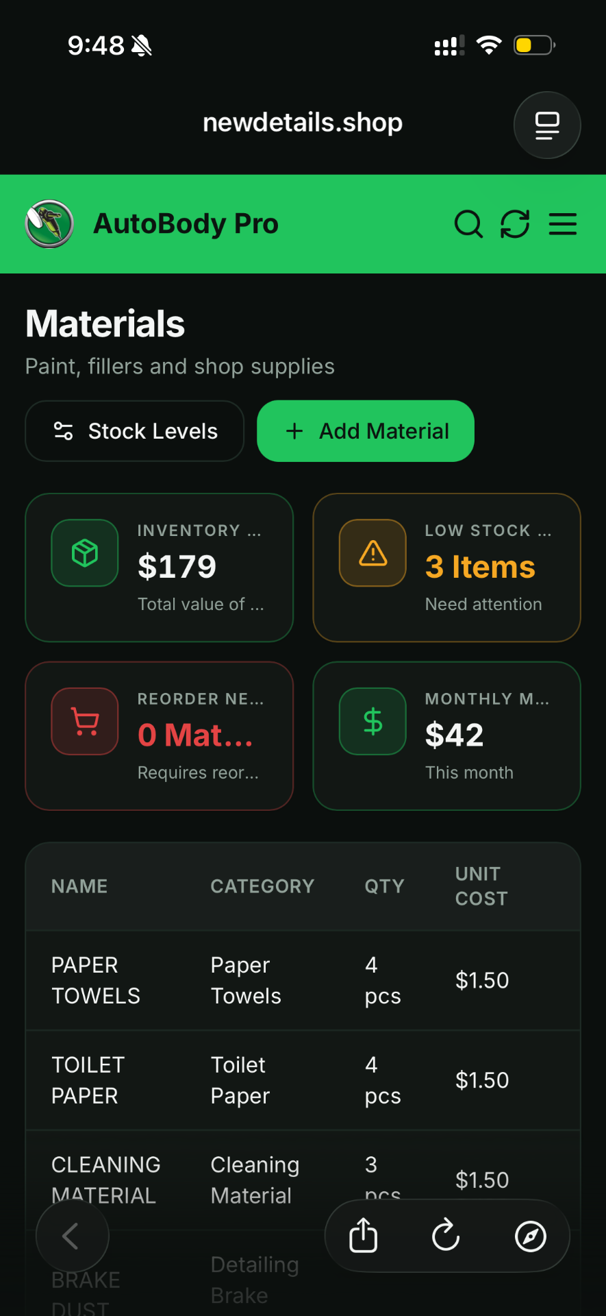 Parts inventory with low-stock badges