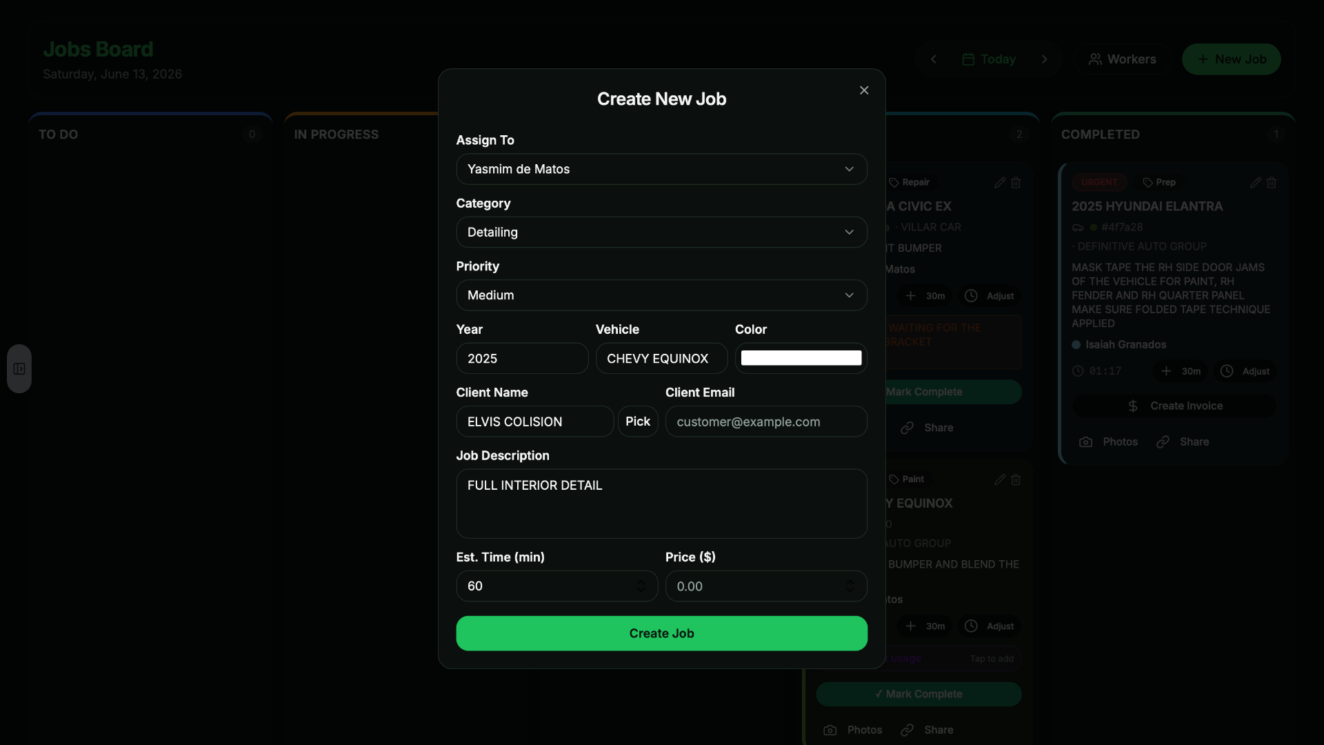AutoBody Pro Create New Job dialog with assignment, category, vehicle and pricing fields