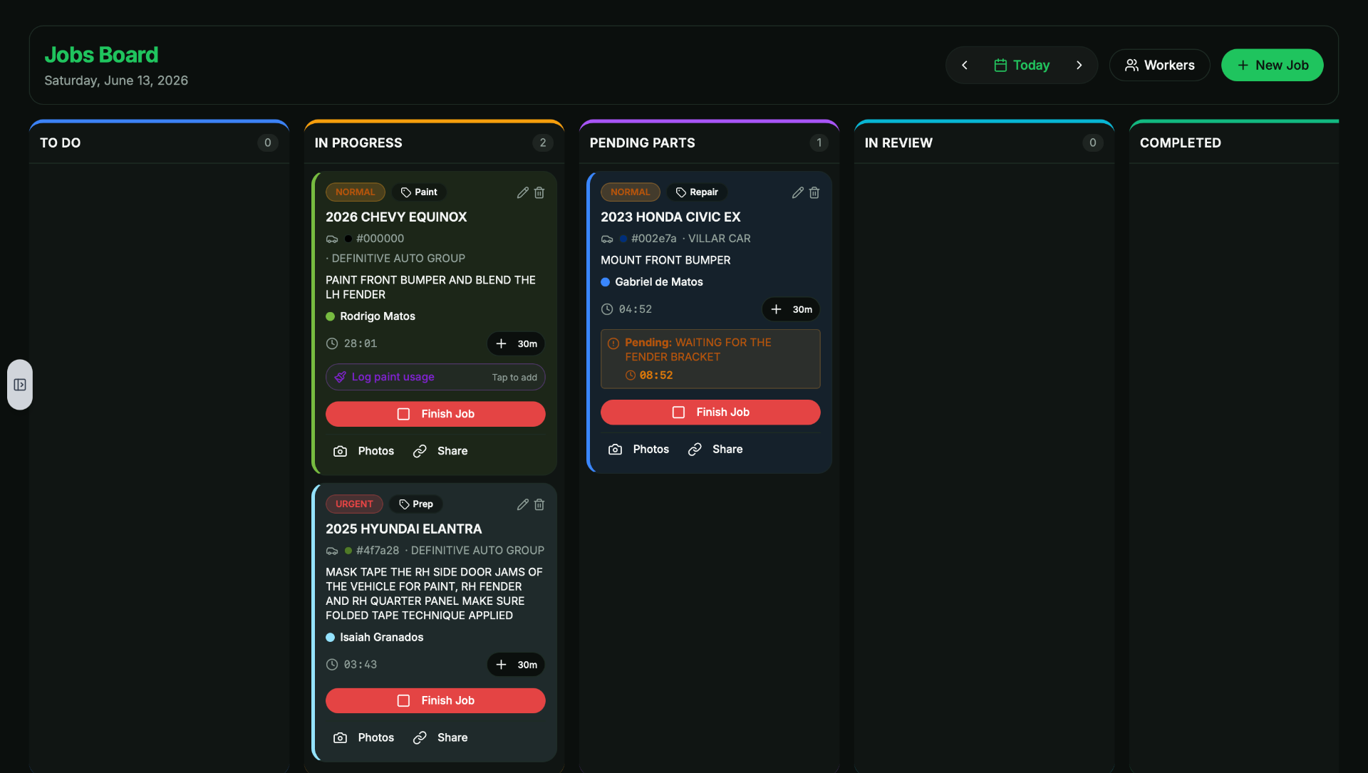 AutoBody Pro Jobs Board with active jobs in progress and pending parts